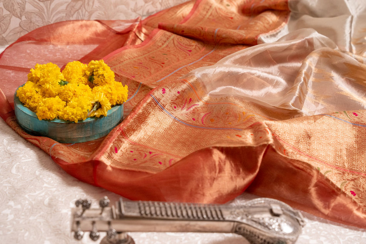 Silver and Gold Tissue Silk Saree with Rustic Orange Border