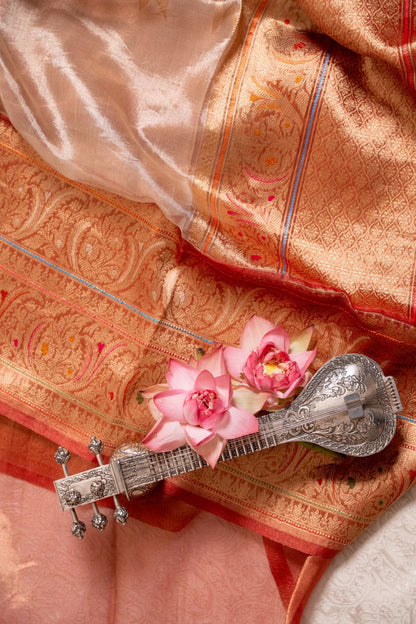 Silver and Gold Tissue Silk Saree with Rustic Orange Border