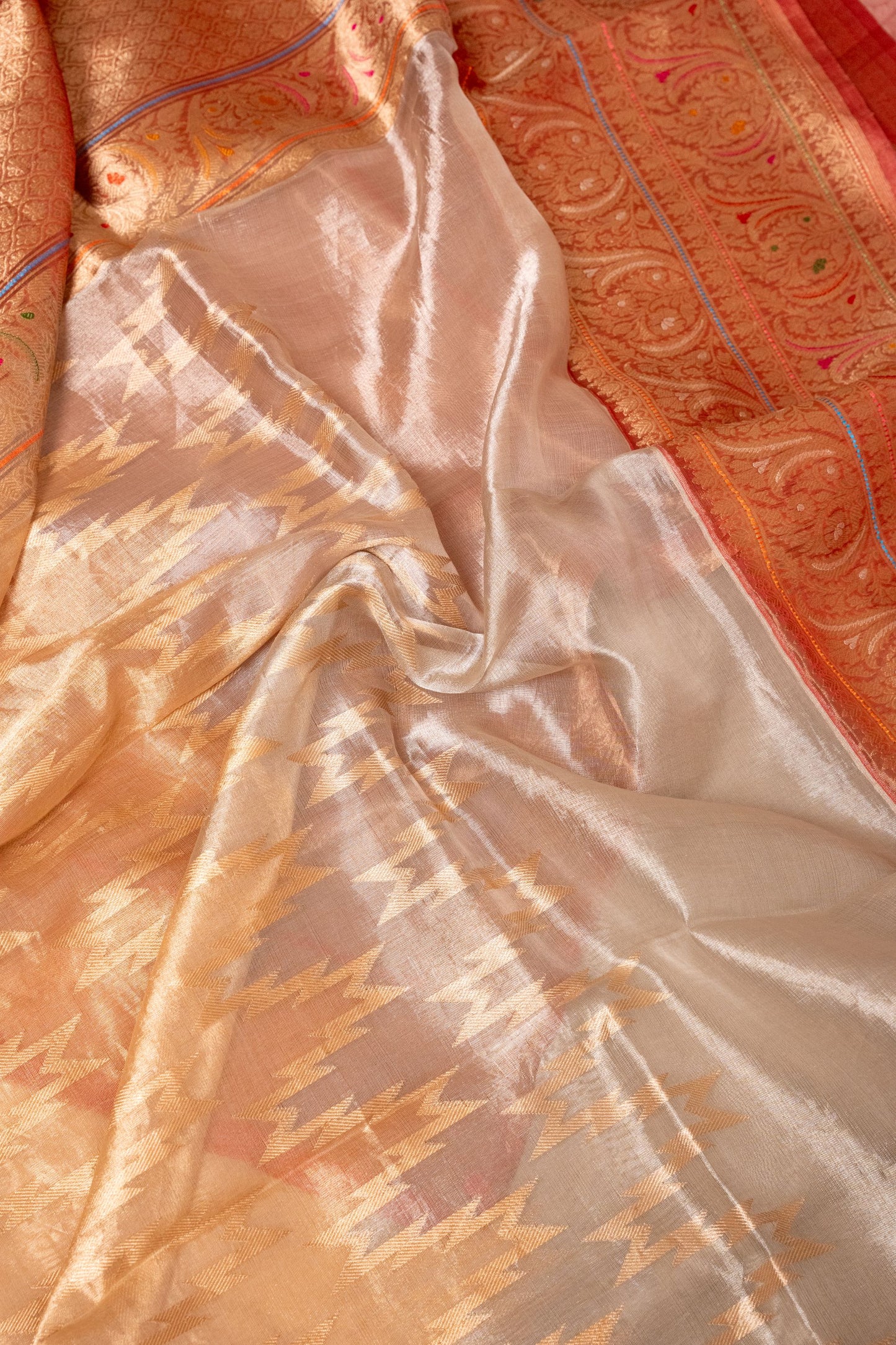 Silver and Gold Tissue Silk Saree with Rustic Orange Border