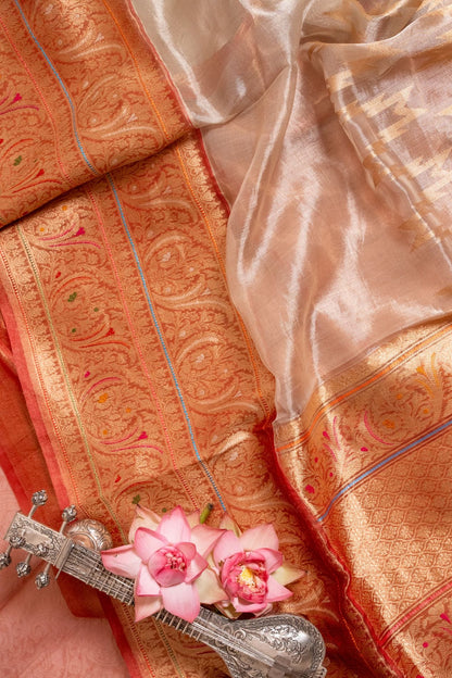 Silver and Gold Tissue Silk Saree with Rustic Orange Border