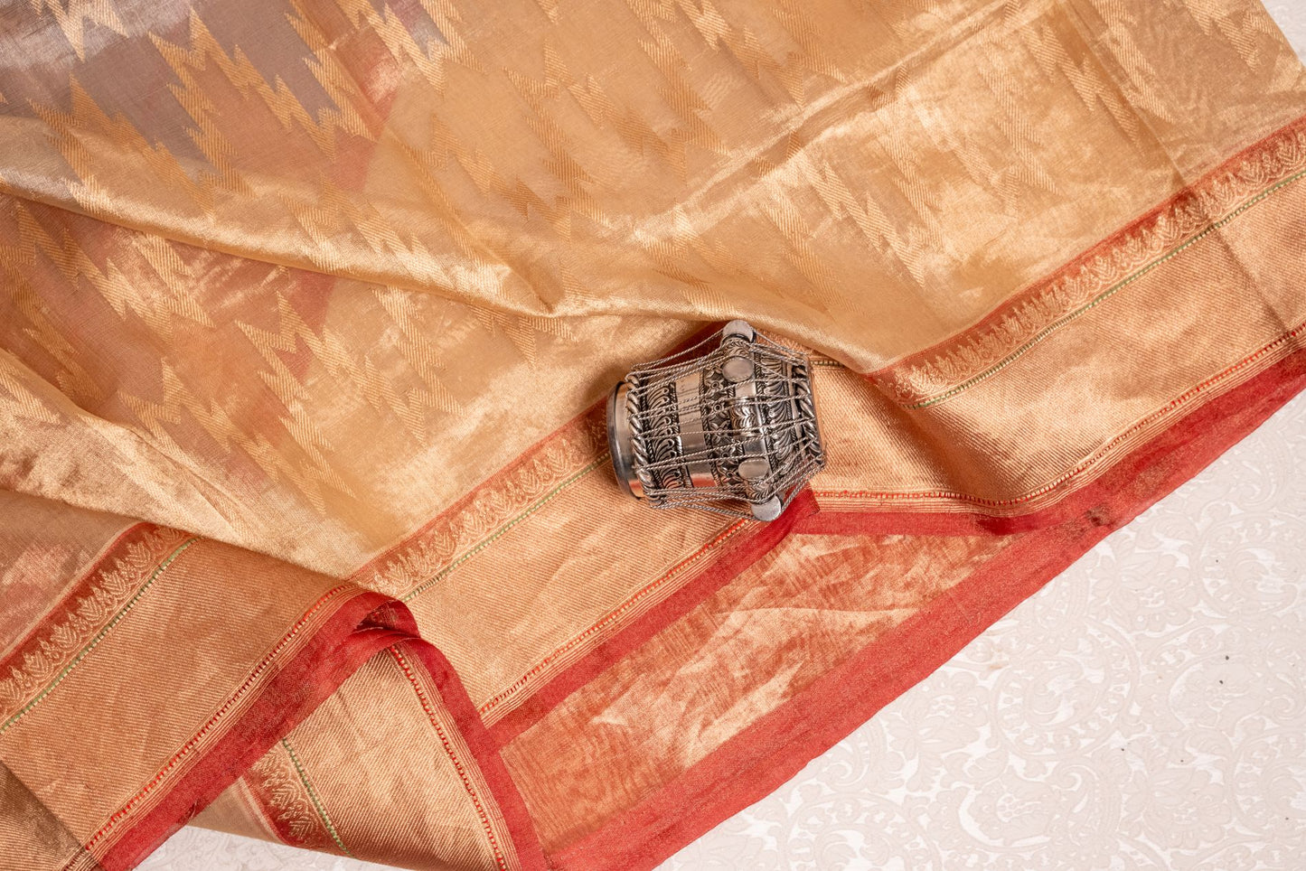 Silver and Gold Tissue Silk Saree with Rustic Orange Border