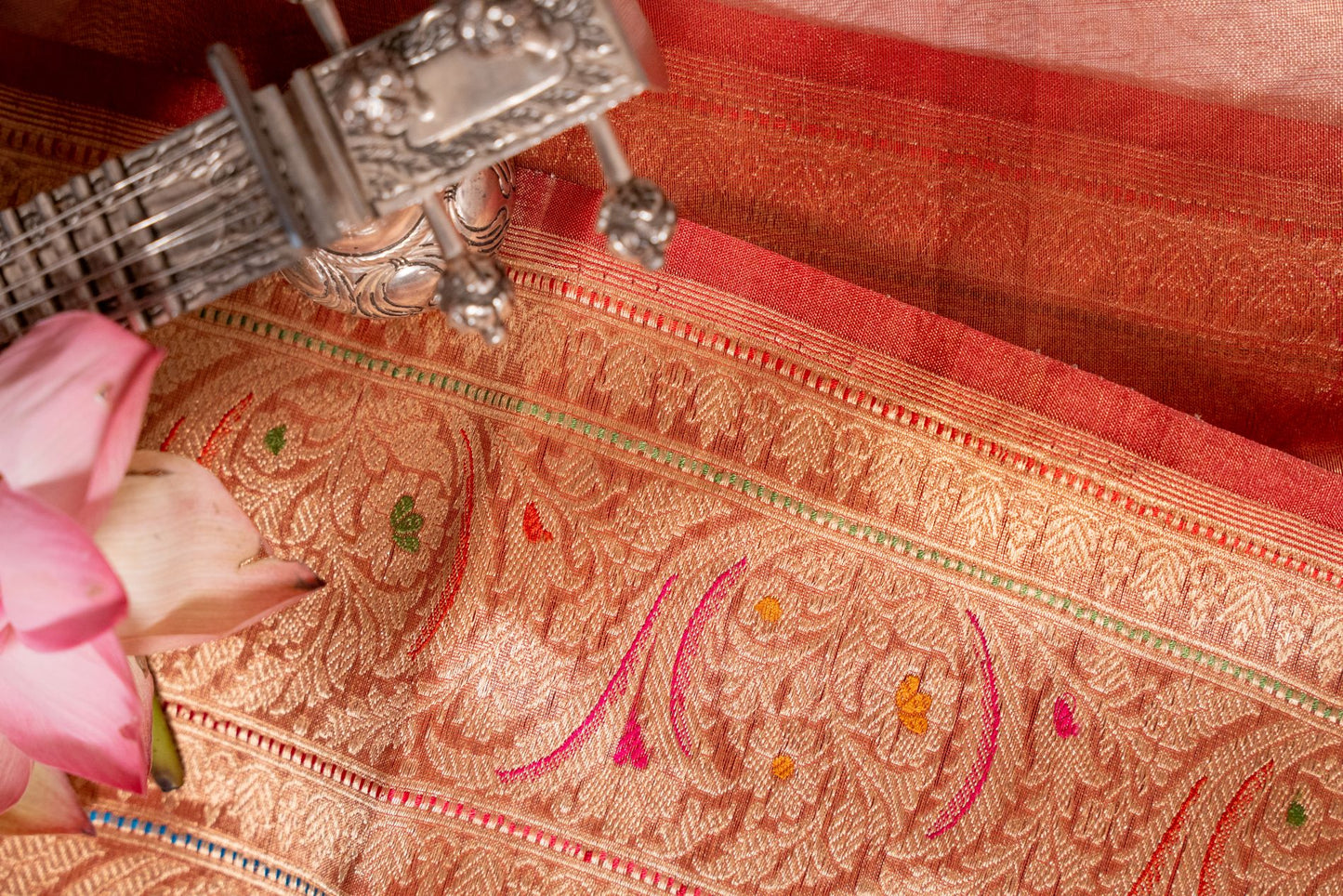 Silver and Gold Tissue Silk Saree with Rustic Orange Border