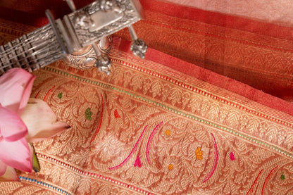 Silver and Gold Tissue Silk Saree with Rustic Orange Border