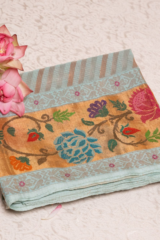 Sky Blue Real Zari Tissue Kota Saree with Lehariya Stripes & Paithani Border