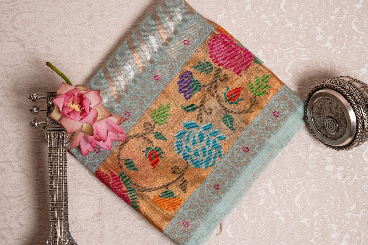 Sky Blue Real Zari Tissue Kota Saree with Lehariya Stripes & Paithani Border