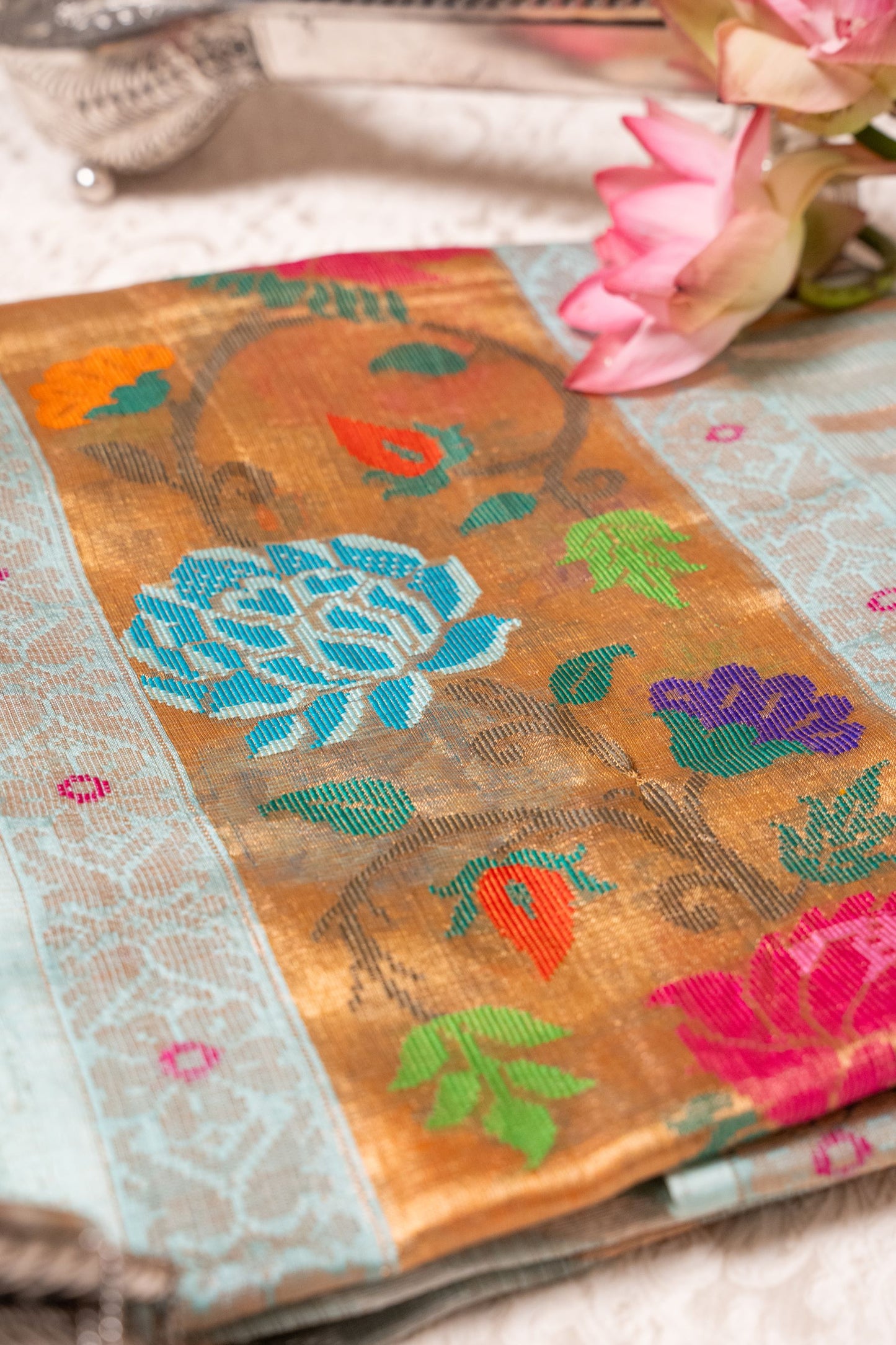 Sky Blue Real Zari Tissue Kota Saree with Lehariya Stripes & Paithani Border