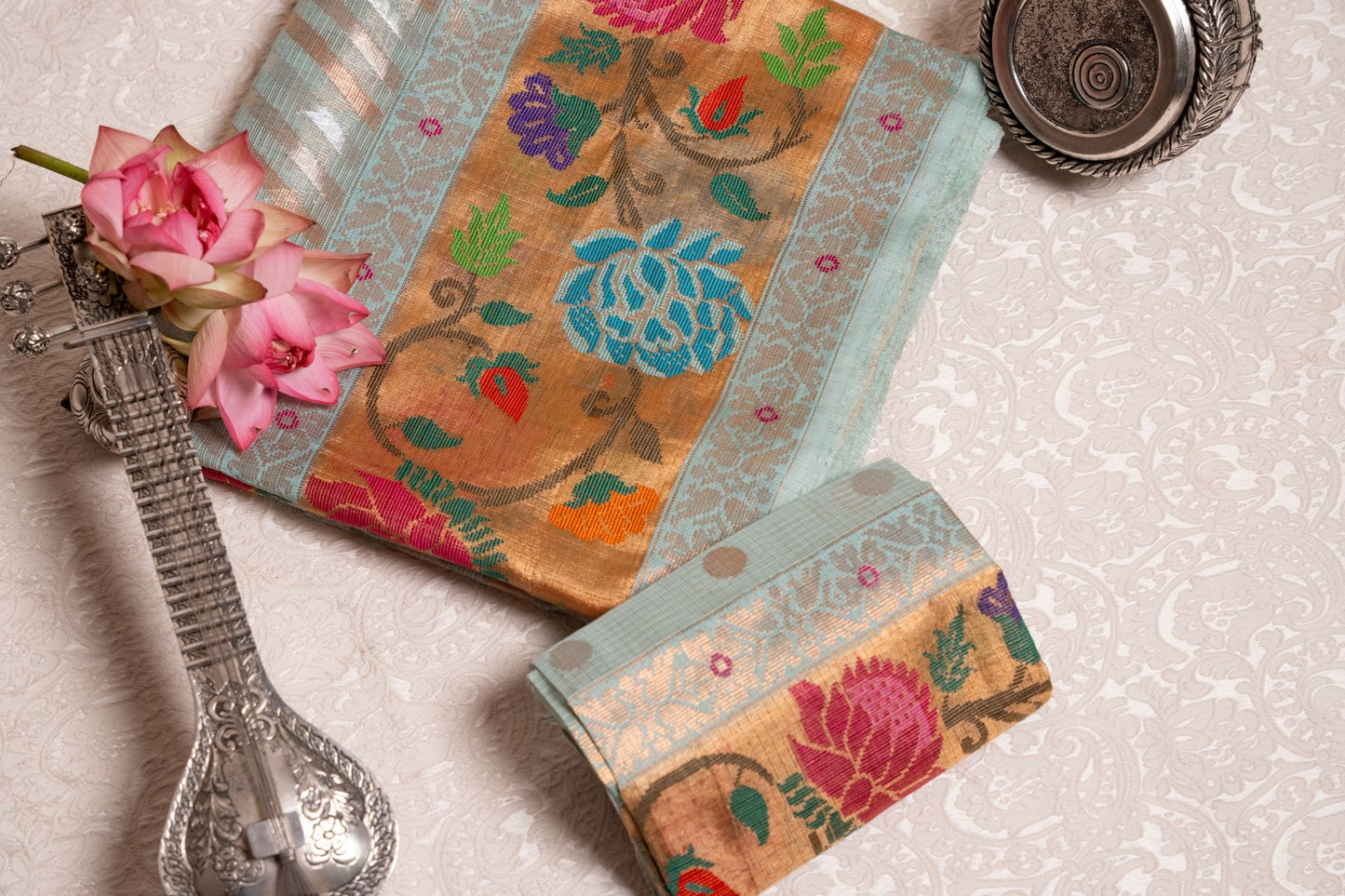 Sky Blue Real Zari Tissue Kota Saree with Lehariya Stripes & Paithani Border