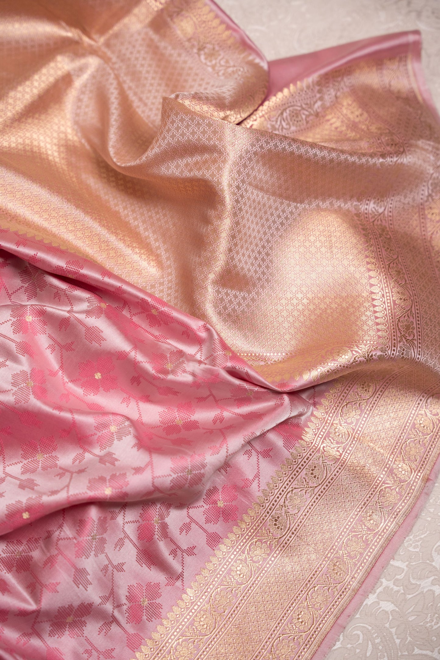 Pink Jamdani Pattern Mushru Silk Saree