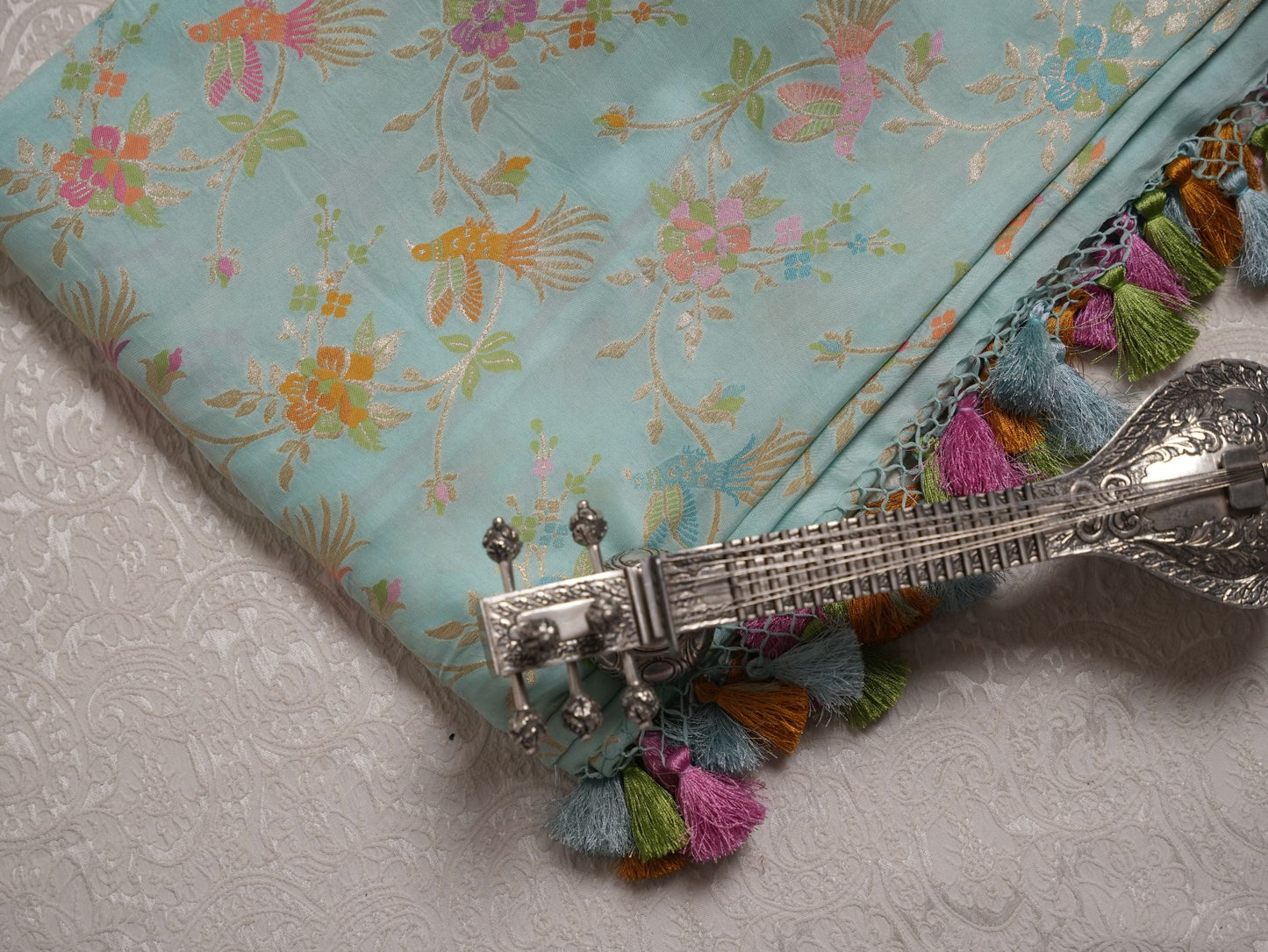 Sky-blue shikargha silk georgette