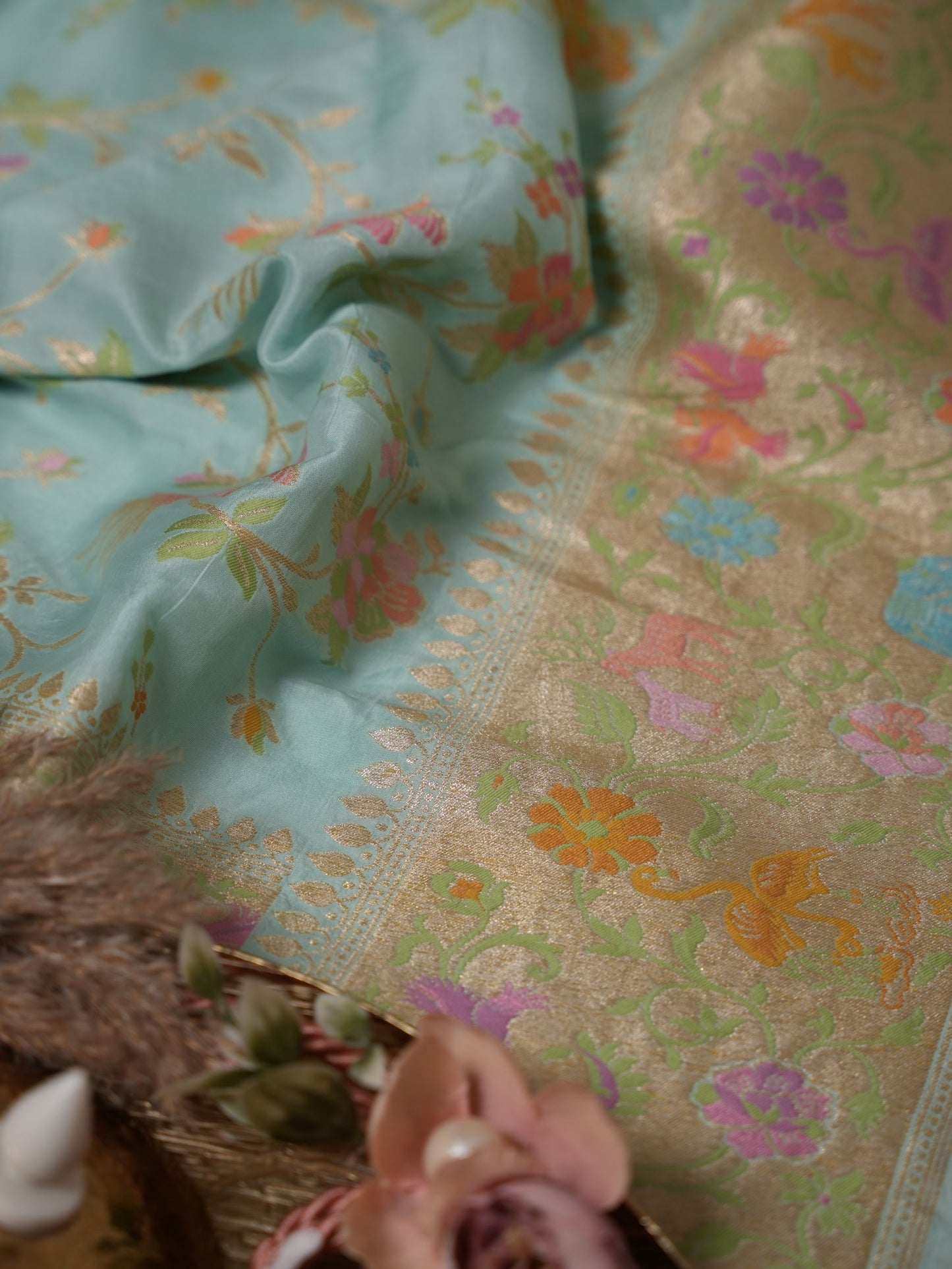 Sky-blue shikargha silk georgette