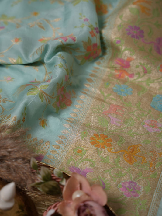 Sky-blue shikargha silk georgette