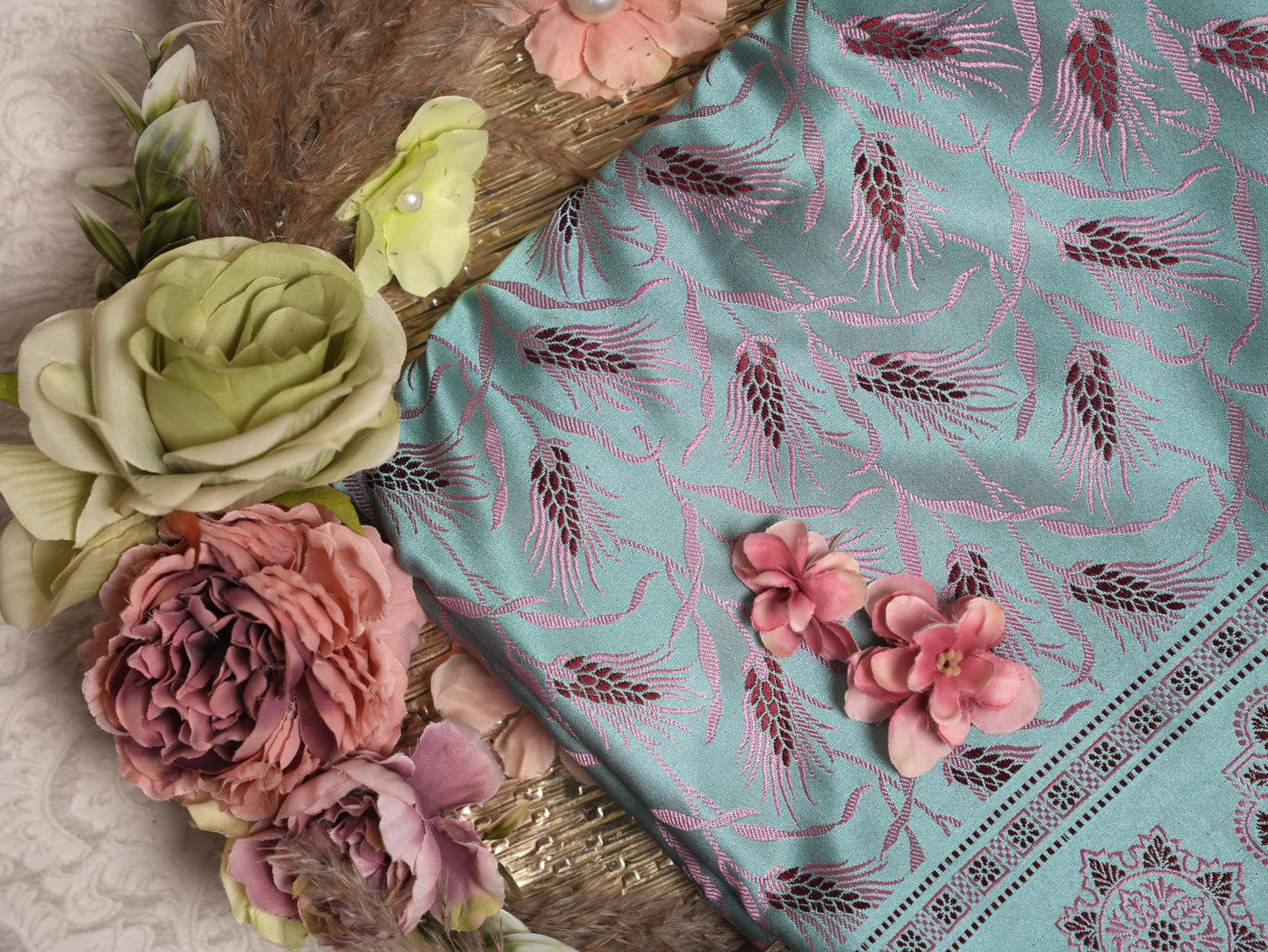 Teal Blue Magenta Woven Saree