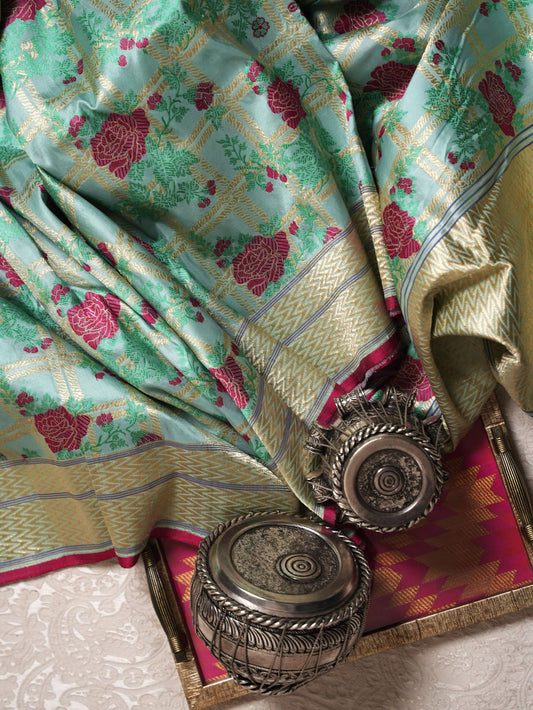 Aqua Blue Rose Motif Silk Saree