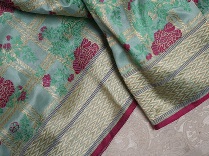 Aqua Blue Rose Motif Silk Saree