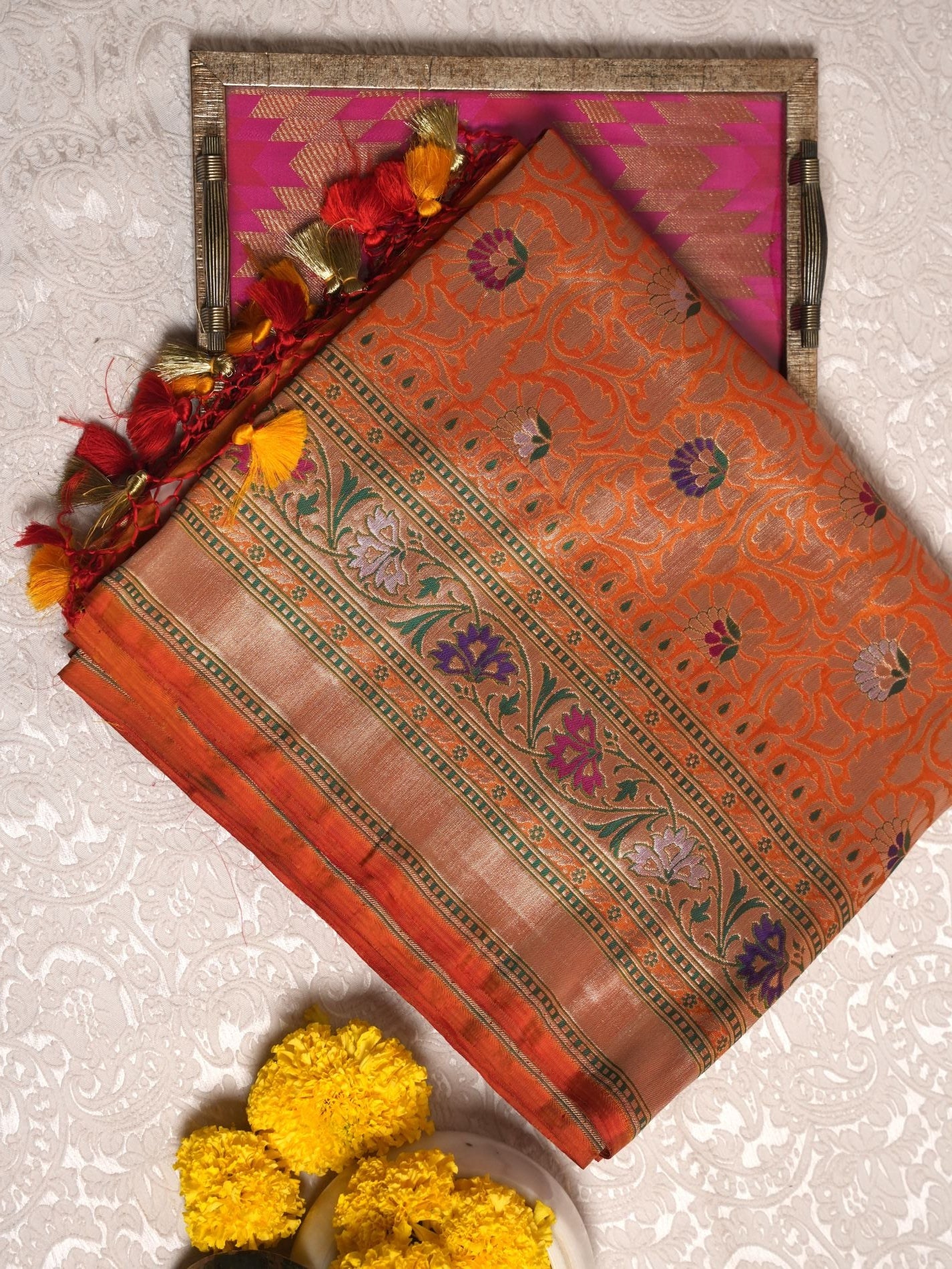 Burnt Orange Floral Banarasi Saree
