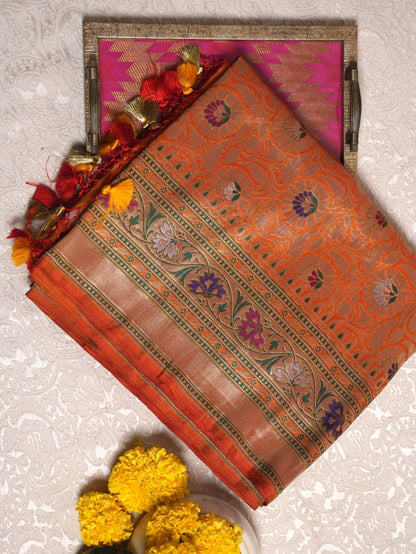 Burnt Orange Floral Banarasi Saree