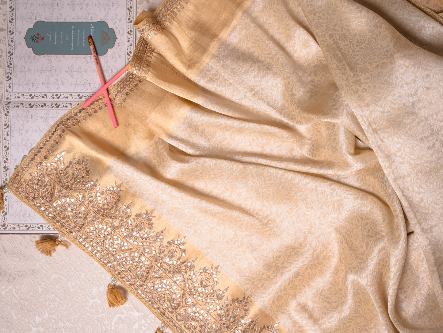 Ivory Ecru Kanjivaram with Tori Gota Embroidery