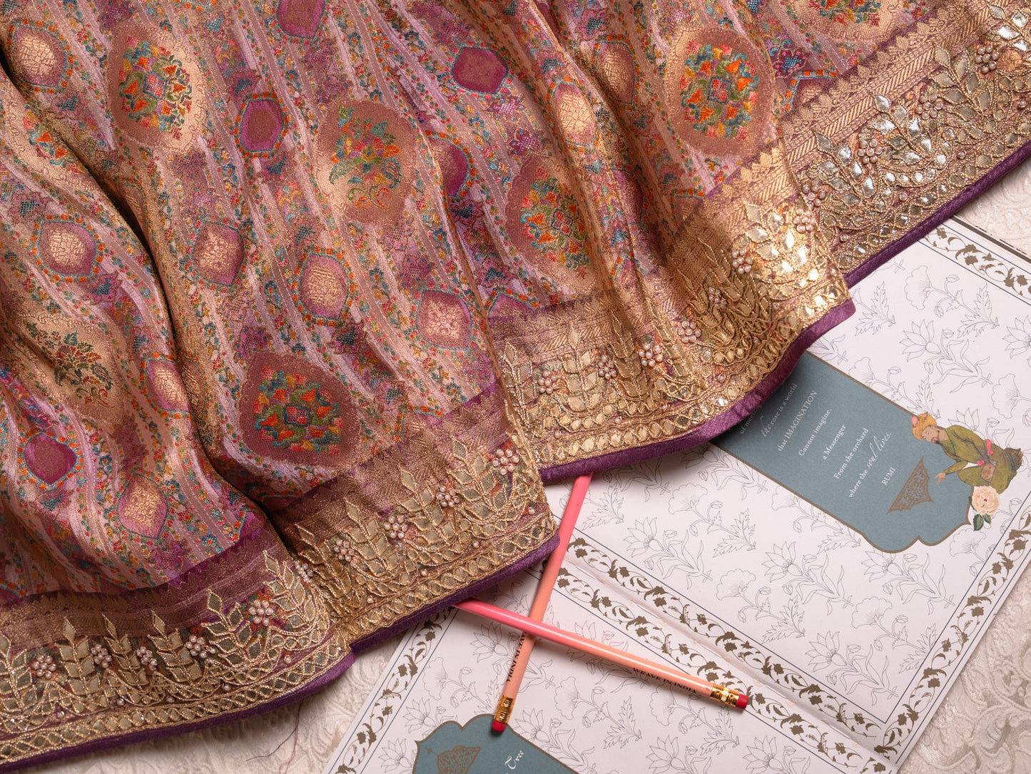 Lavender tanchoi silk saree with gota embroidery