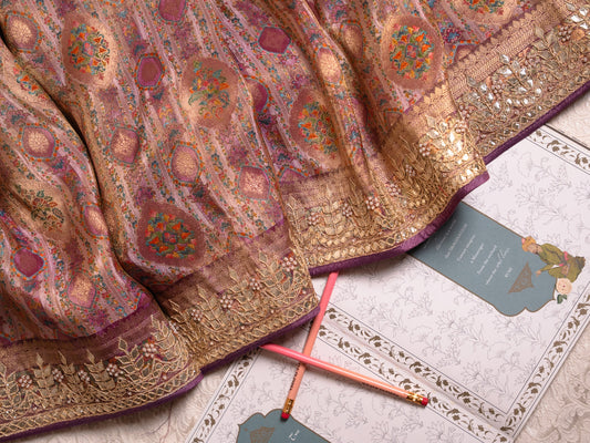 Lavender tanchoi silk saree with gota embroidery