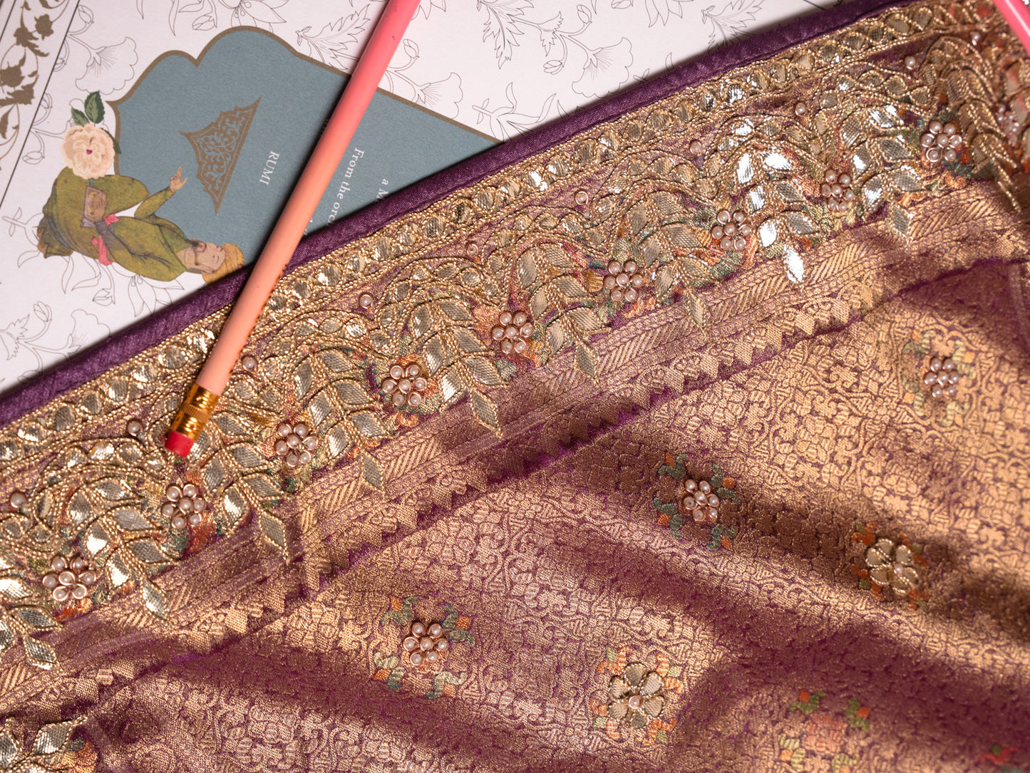 Lavender tanchoi silk saree with gota embroidery