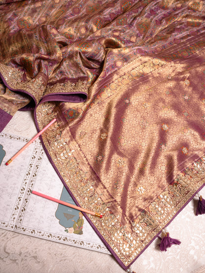 Lavender tanchoi silk saree with gota embroidery