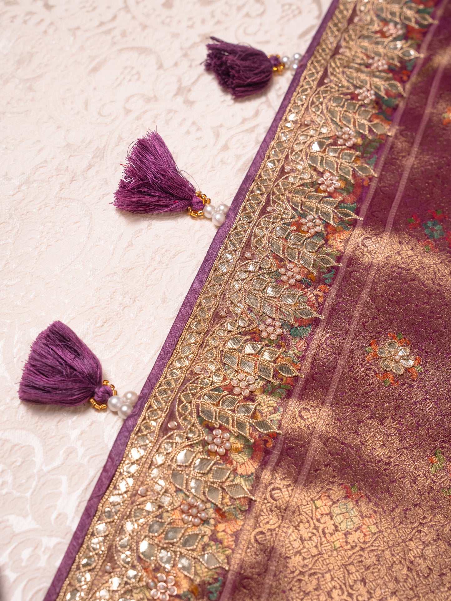 Lavender tanchoi silk saree with gota embroidery