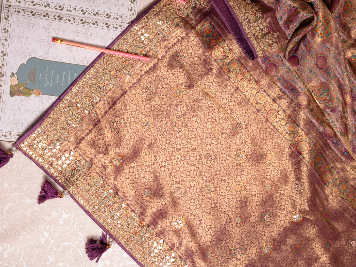 Lavender tanchoi silk saree with gota embroidery