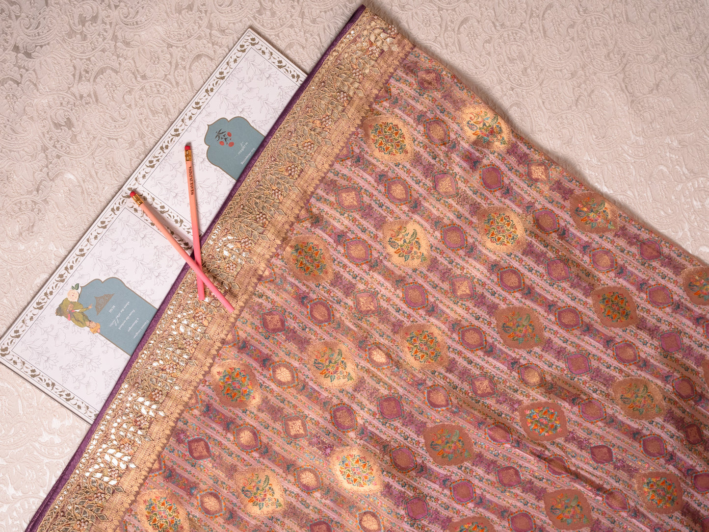 Lavender tanchoi silk saree with gota embroidery