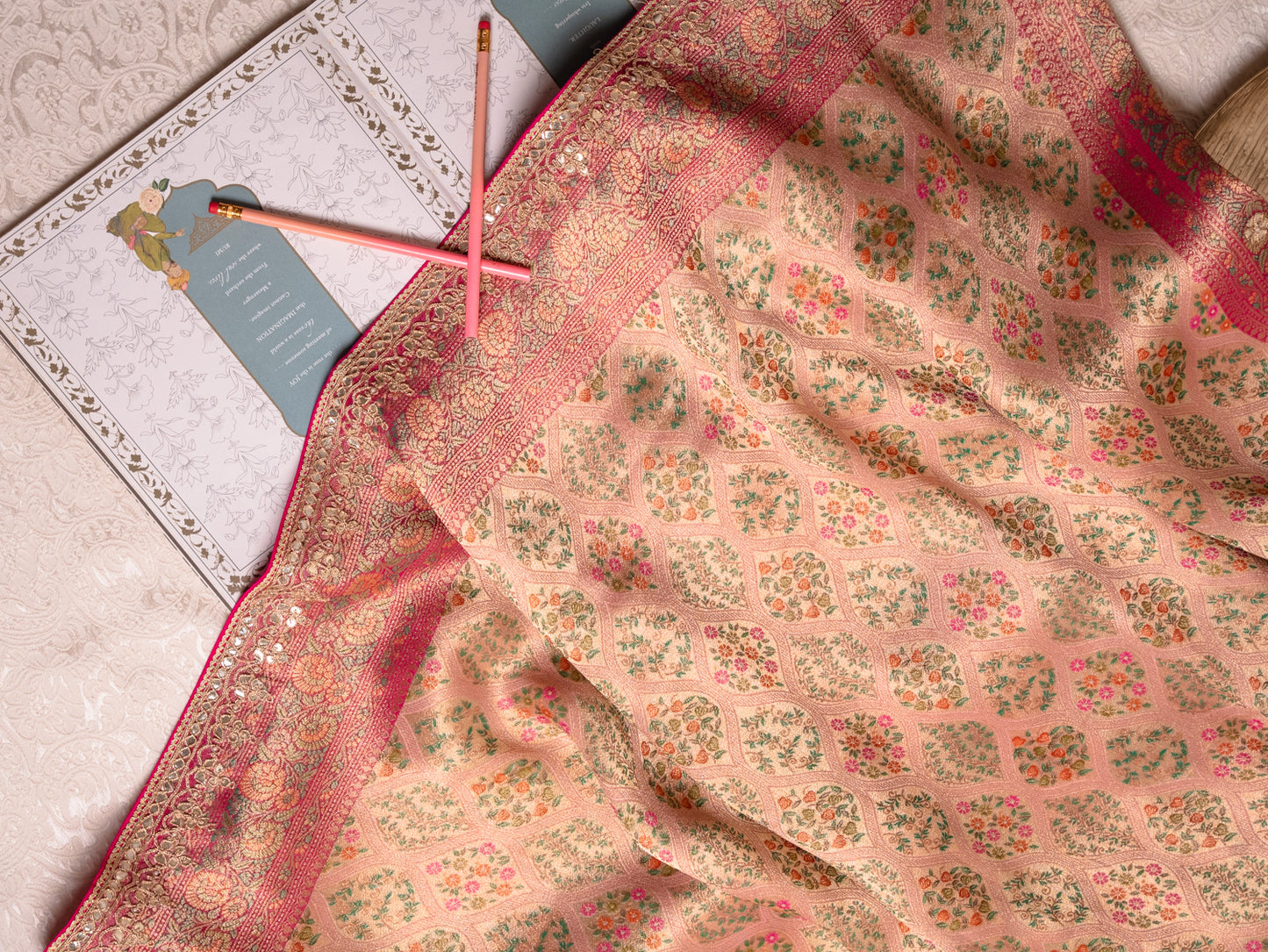 Blush Pink Tanchoi Silk Saree with Gota Work