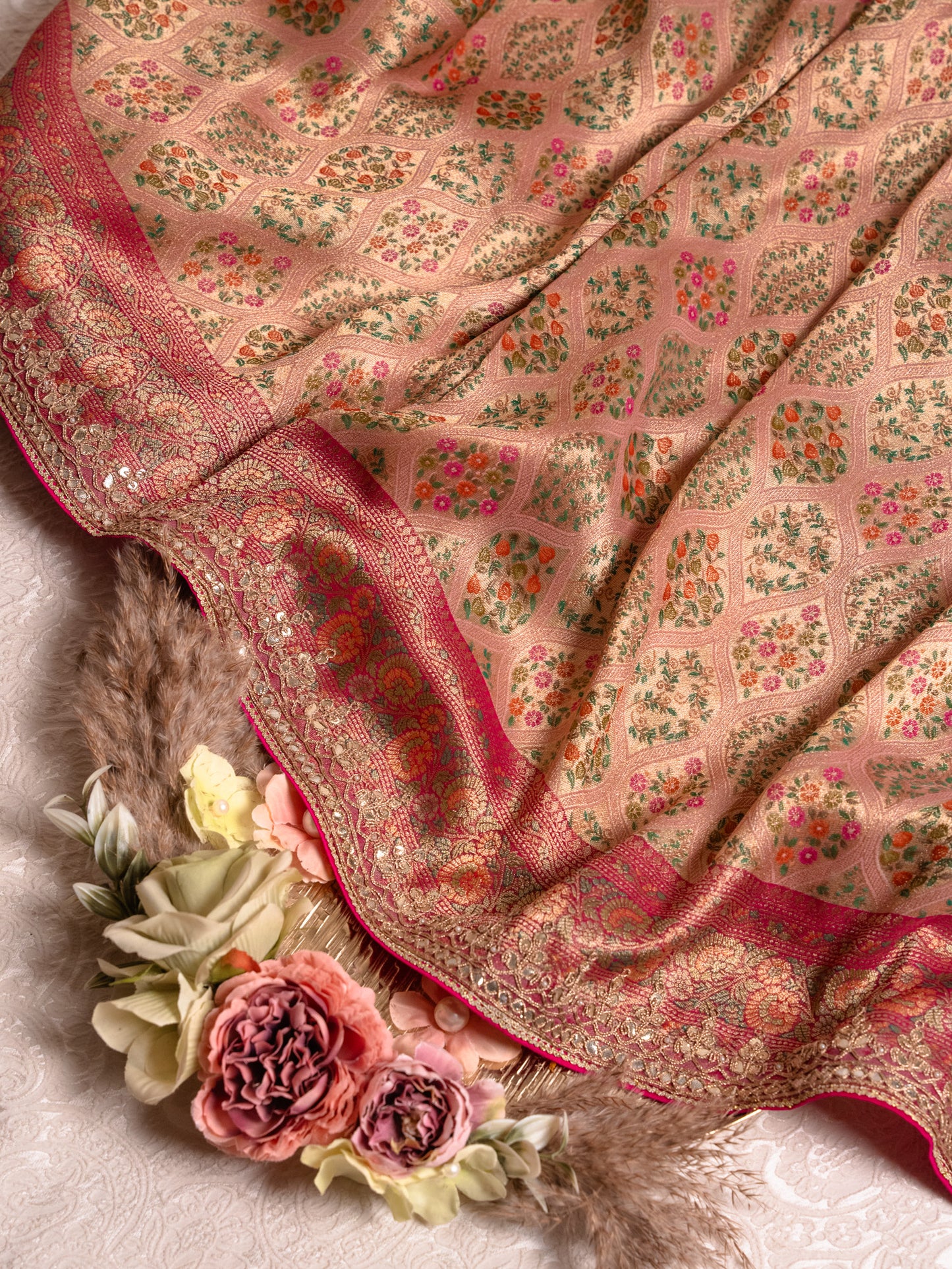 Blush Pink Tanchoi Silk Saree with Gota Work