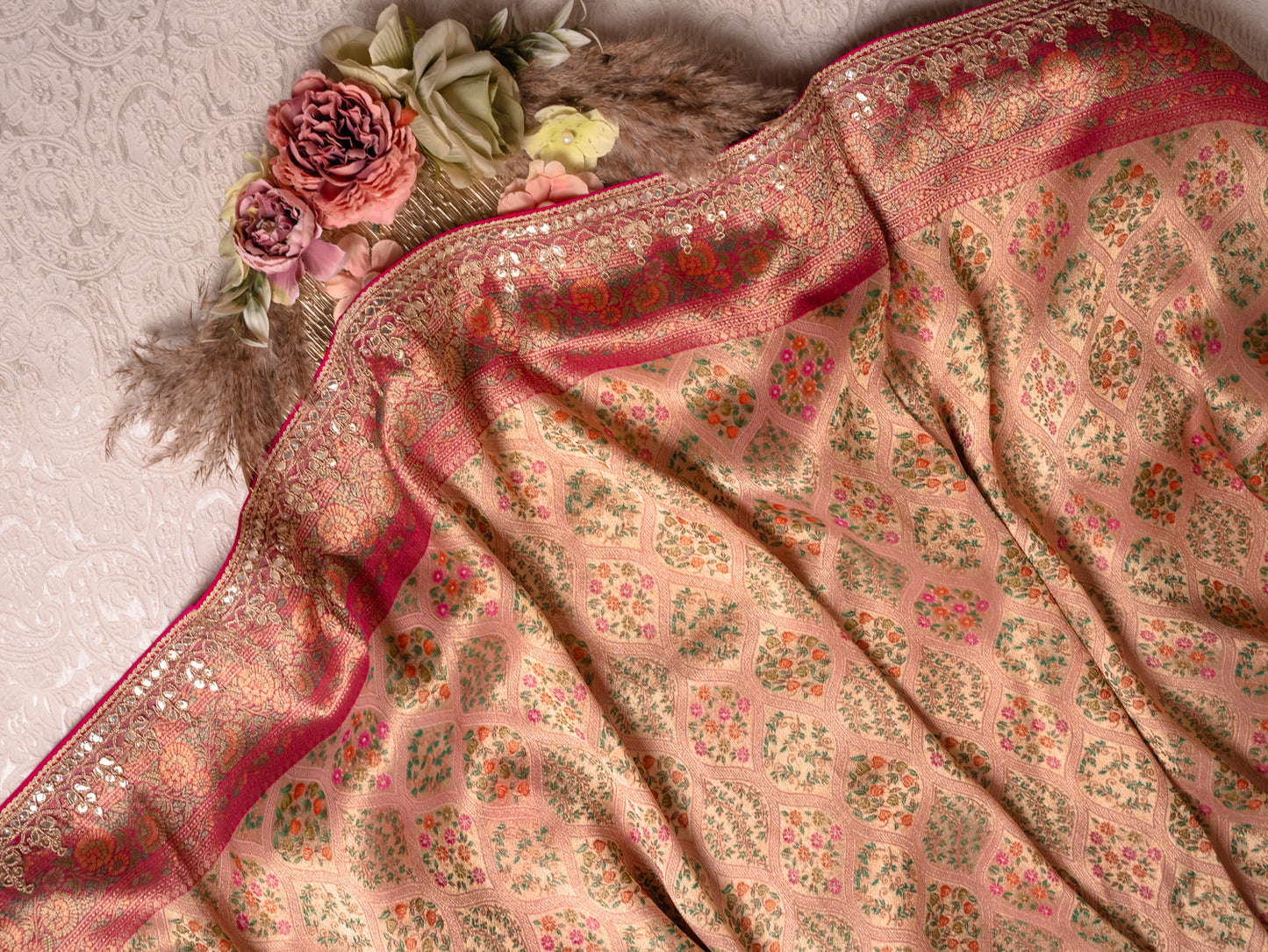 Blush Pink Tanchoi Silk Saree with Gota Work