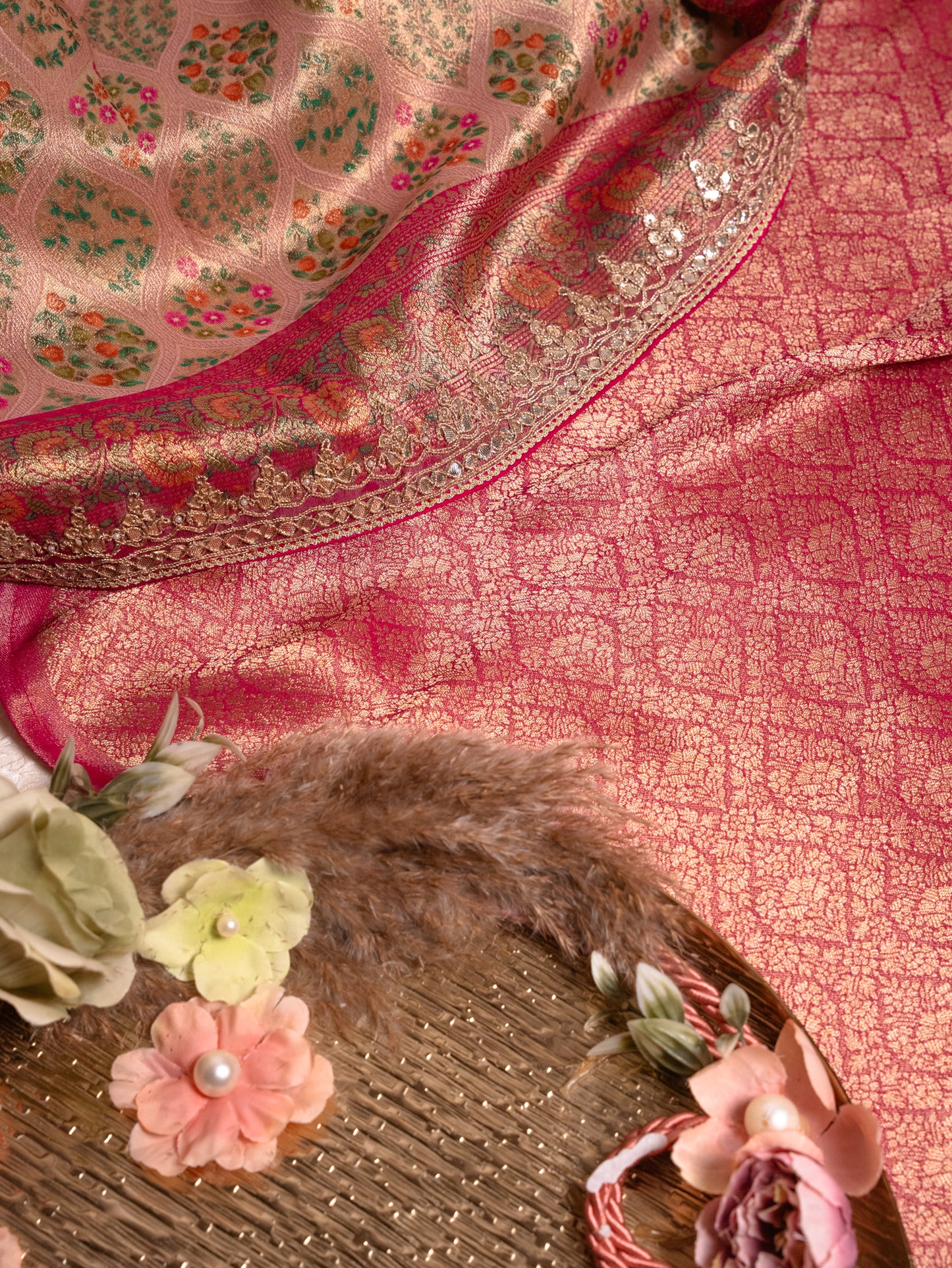Blush Pink Tanchoi Silk Saree with Gota Work
