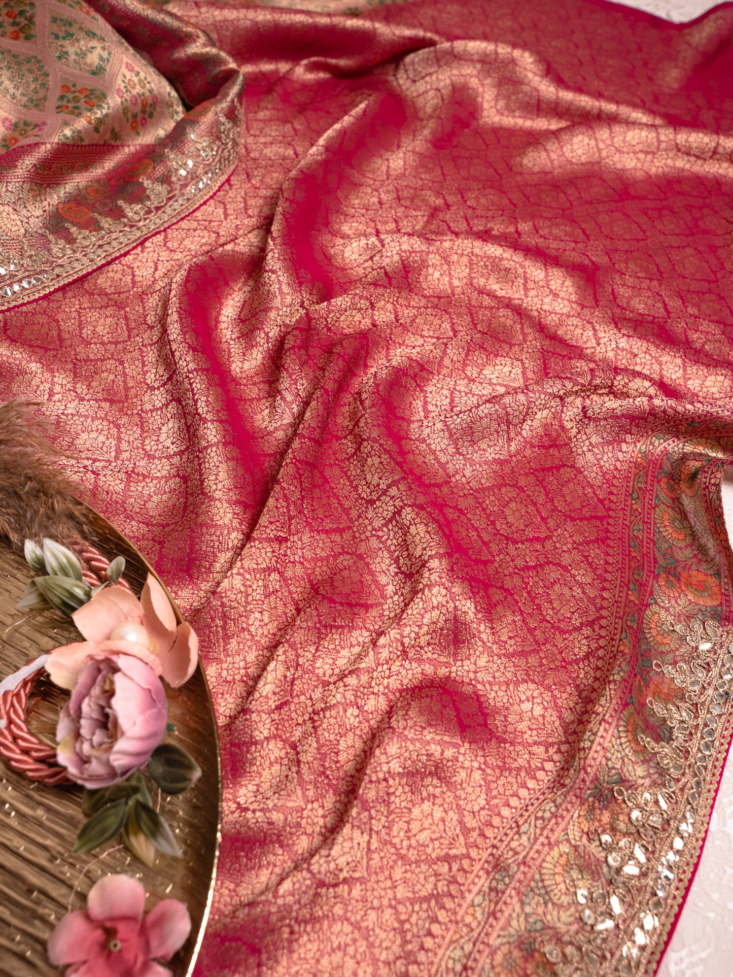 Blush Pink Tanchoi Silk Saree with Gota Work