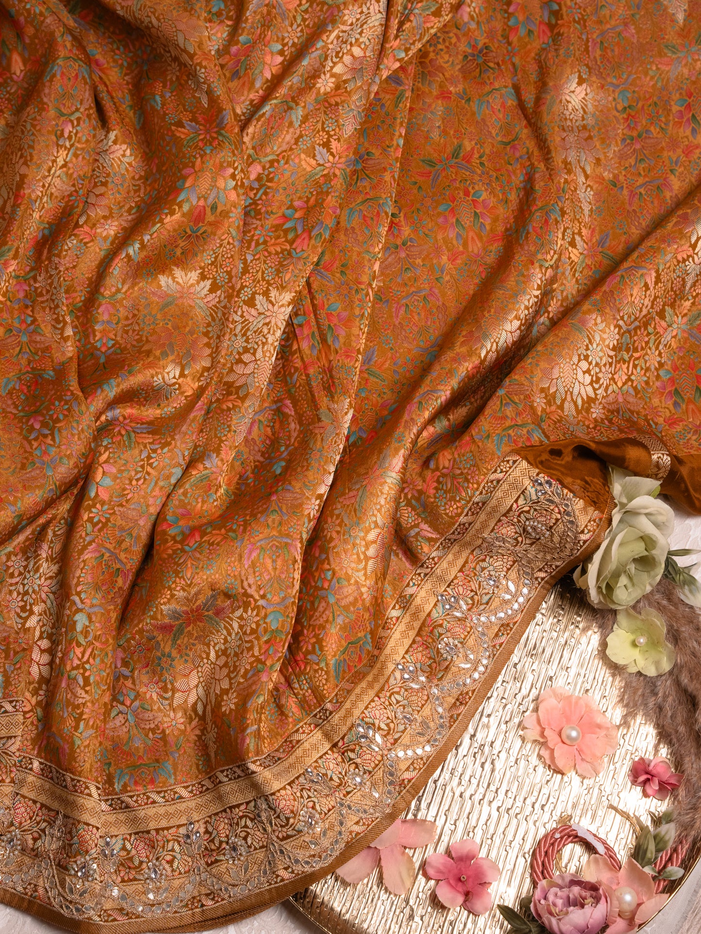 Golden Yellow Tanchoi Silk Saree with Gota Work
