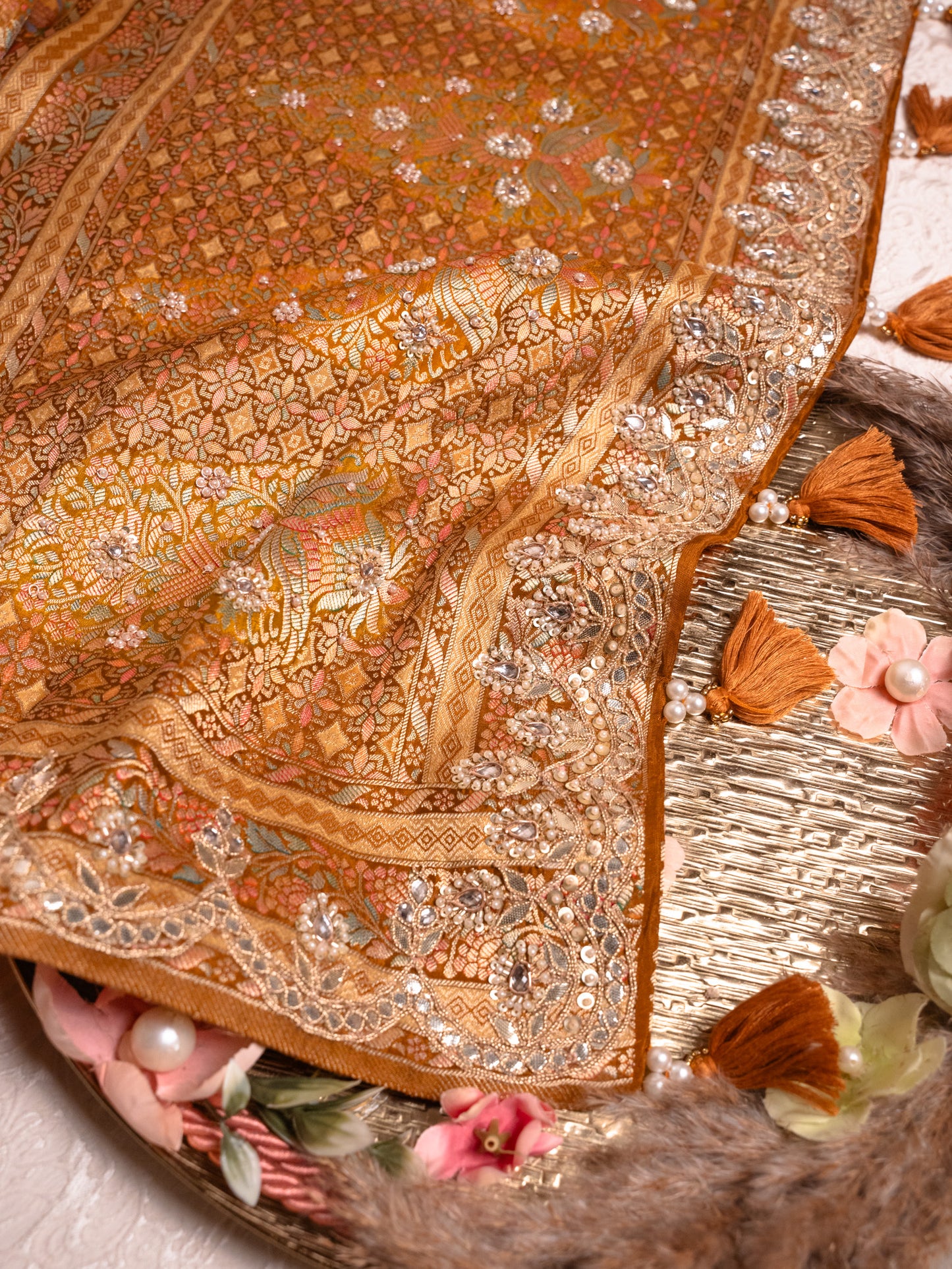 Golden Yellow Tanchoi Silk Saree with Gota Work