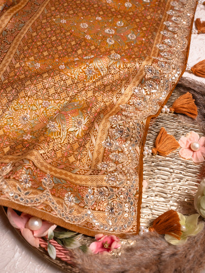 Golden Yellow Tanchoi Silk Saree with Gota Work