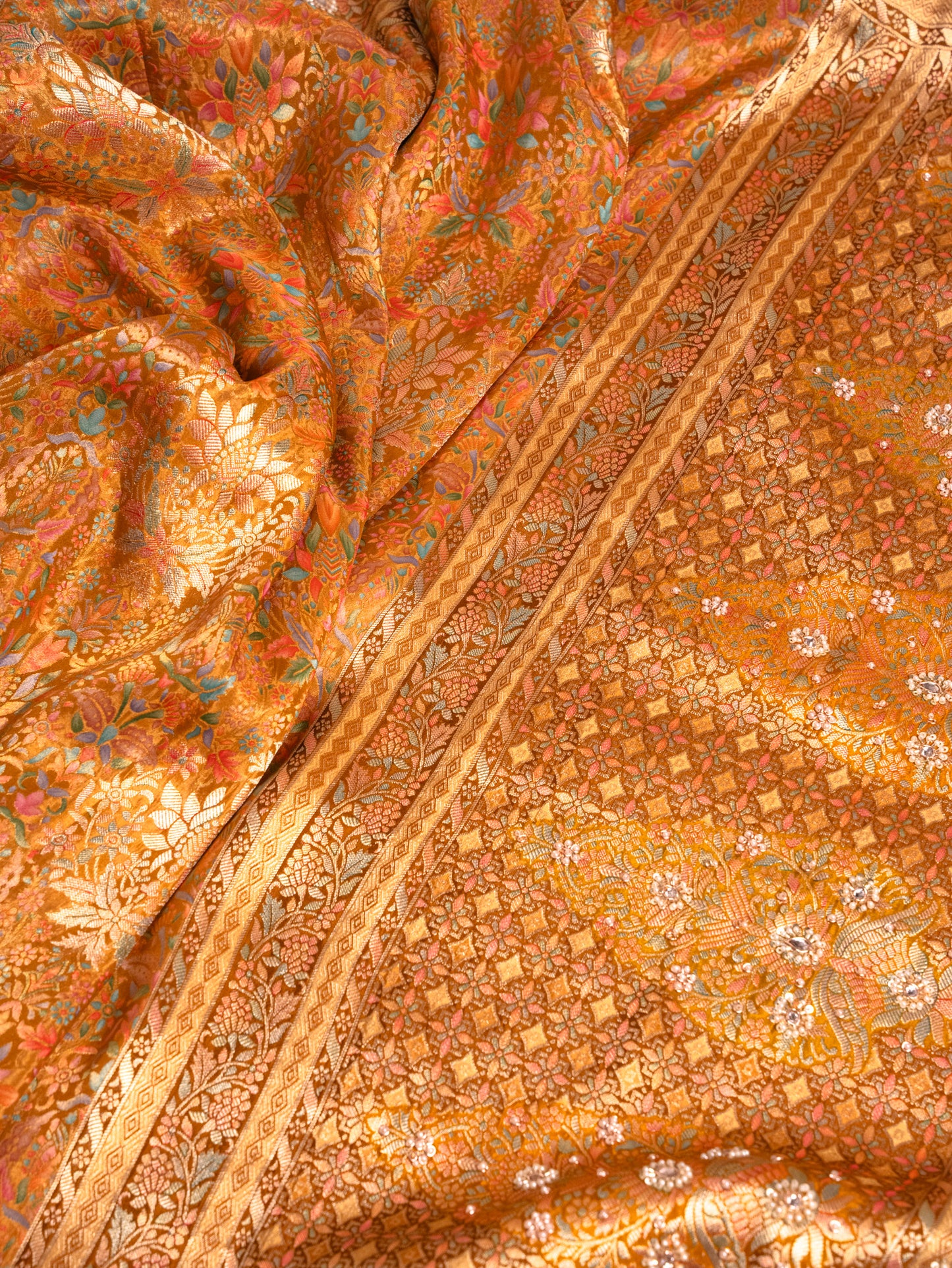Golden Yellow Tanchoi Silk Saree with Gota Work