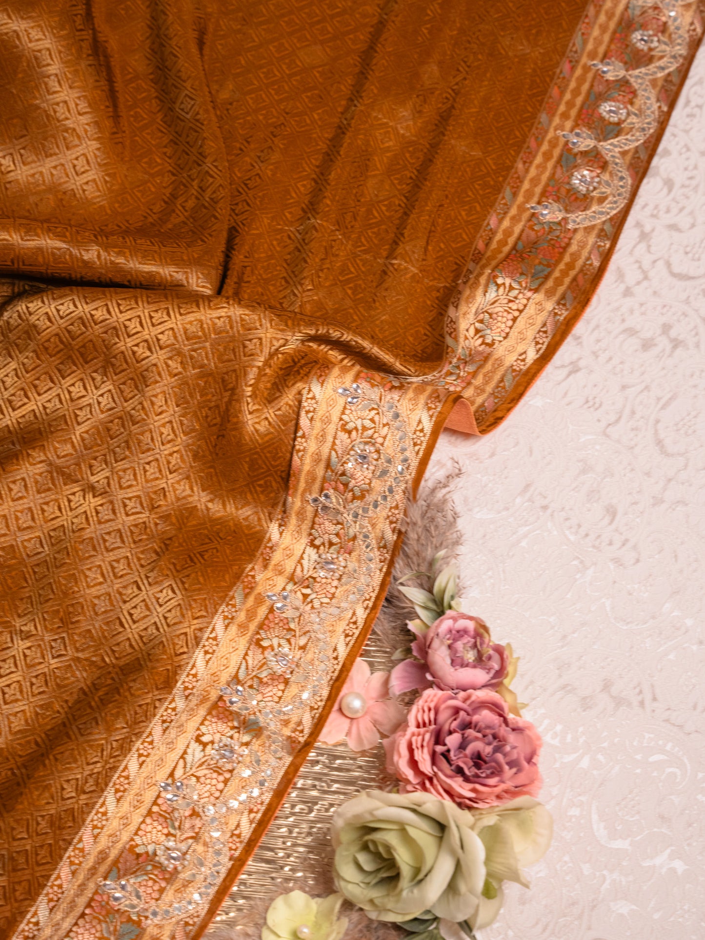 Golden Yellow Tanchoi Silk Saree with Gota Work