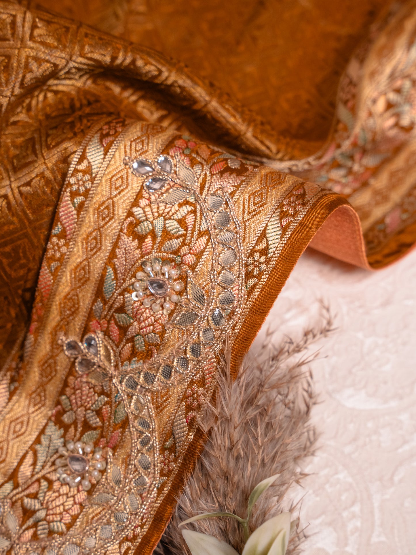 Golden Yellow Tanchoi Silk Saree with Gota Work