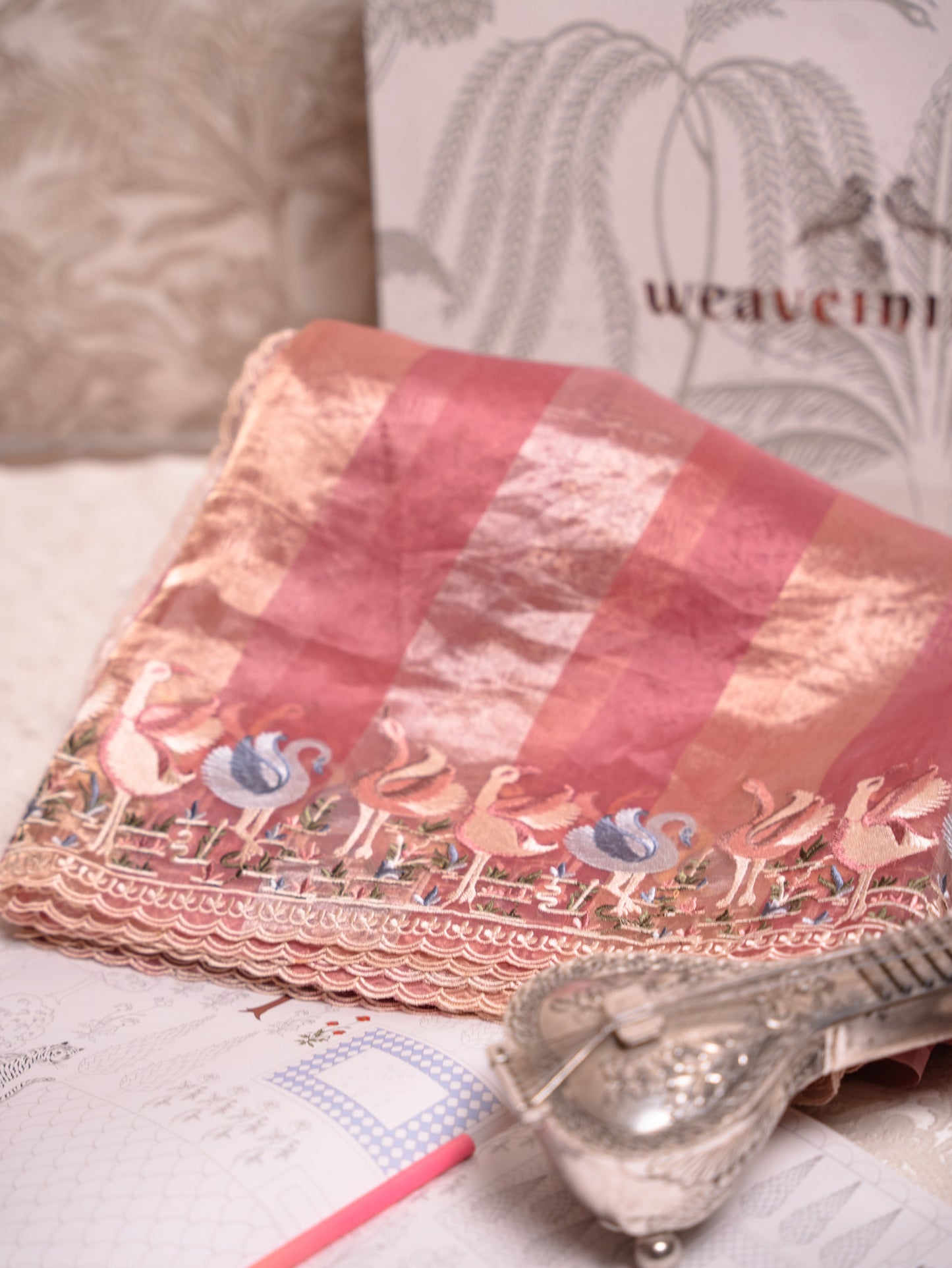 Blush Pink Tissue Silk Saree with blue Embroidered Flamingo Border