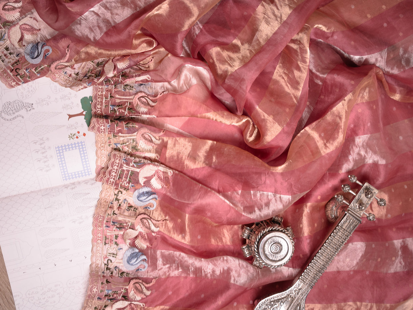 Blush Pink Tissue Silk Saree with blue Embroidered Flamingo Border