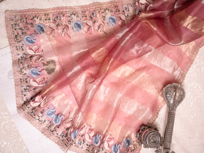 Blush Pink Tissue Silk Saree with blue Embroidered Flamingo Border