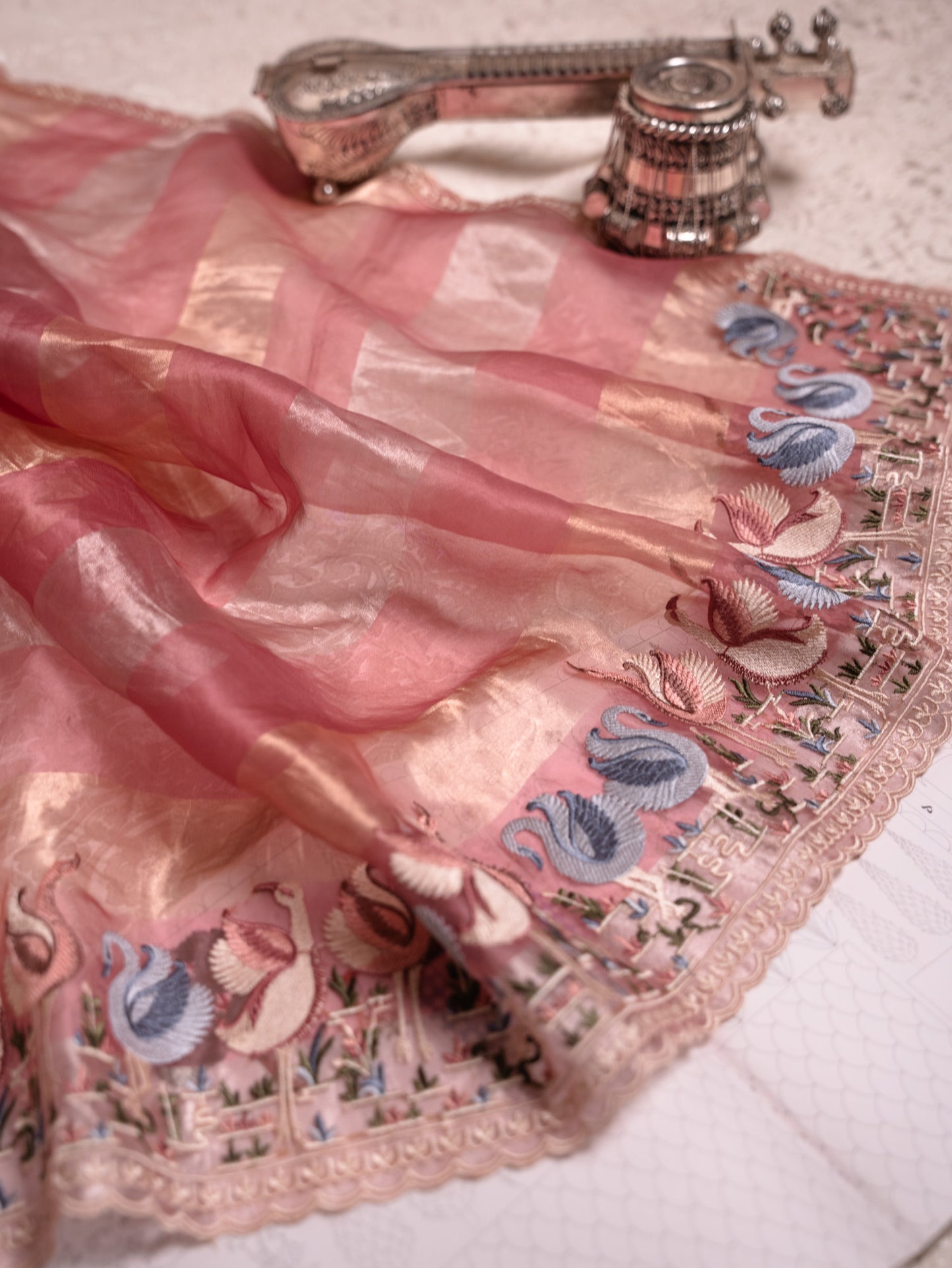 Blush Pink Tissue Silk Saree with blue Embroidered Flamingo Border