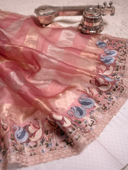 Blush Pink Tissue Silk Saree with blue Embroidered Flamingo Border