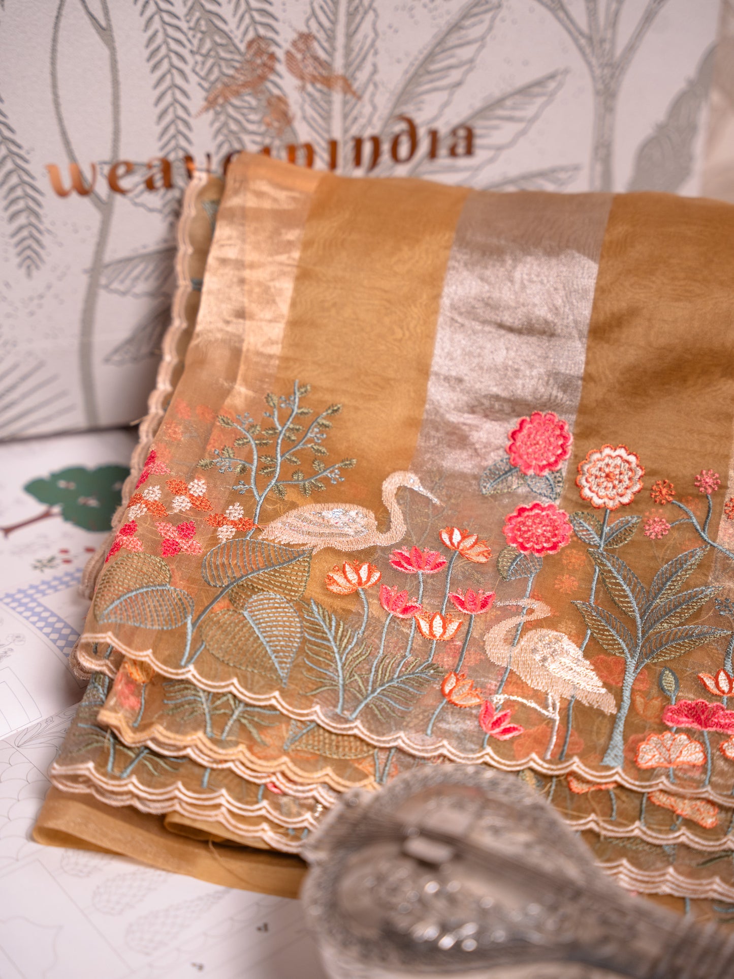 Sunlit Yellow Tissue Silk Saree with Embroidered Flamingo Border