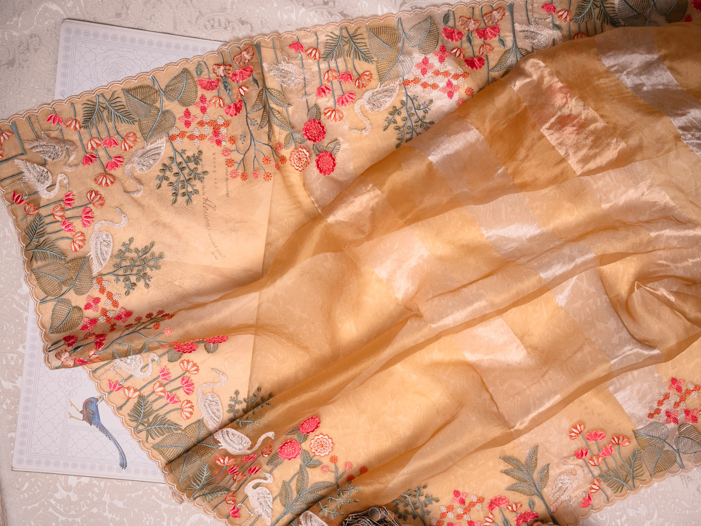 Sunlit Yellow Tissue Silk Saree with Embroidered Flamingo Border