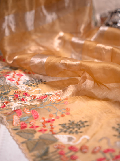 Sunlit Yellow Tissue Silk Saree with Embroidered Flamingo Border