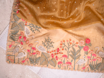 Sunlit Yellow Tissue Silk Saree with Embroidered Flamingo Border