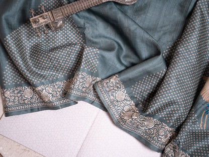 Teal Blue Tussar Silk Saree with Bandhani Weave & Gaara Embroidery