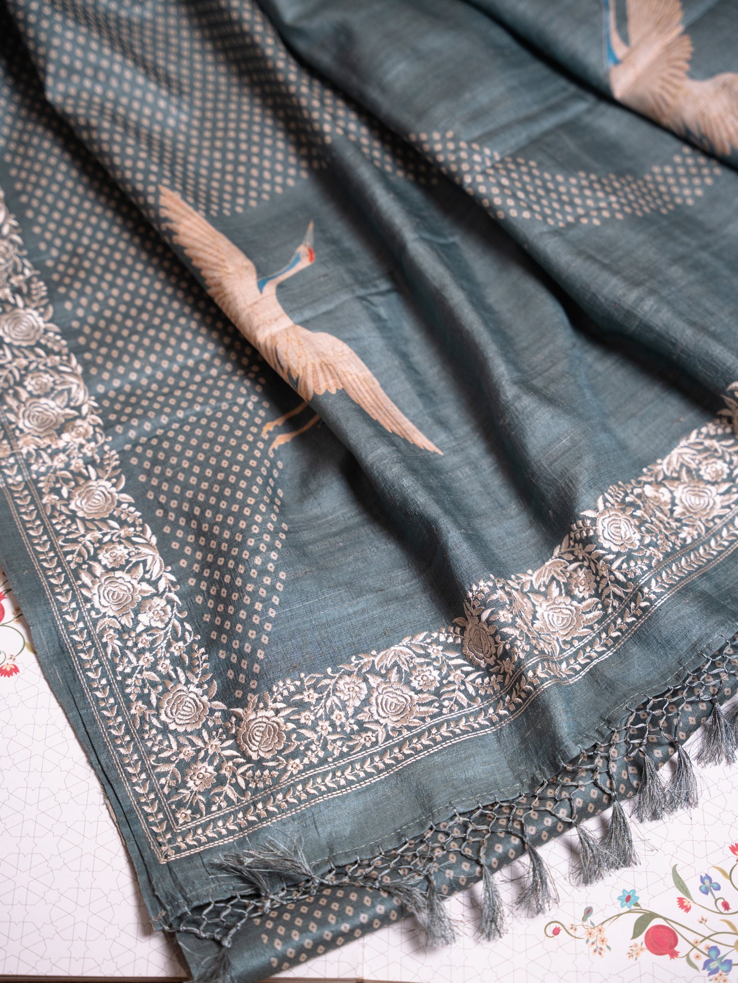 Teal Blue Tussar Silk Saree with Bandhani Weave & Gaara Embroidery